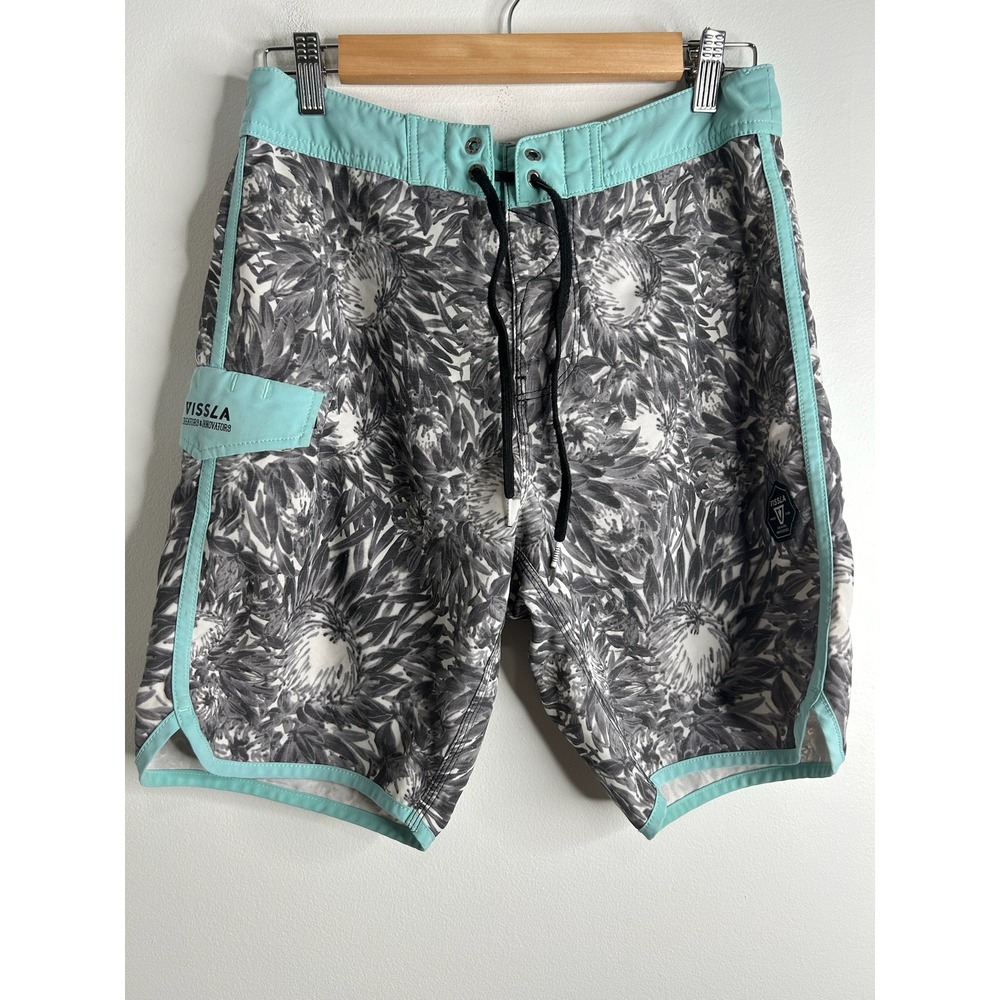 Vissla Mens Board Shorts Floral Print Teal Trim Drawstring Swim Trunks Size‎ 30
